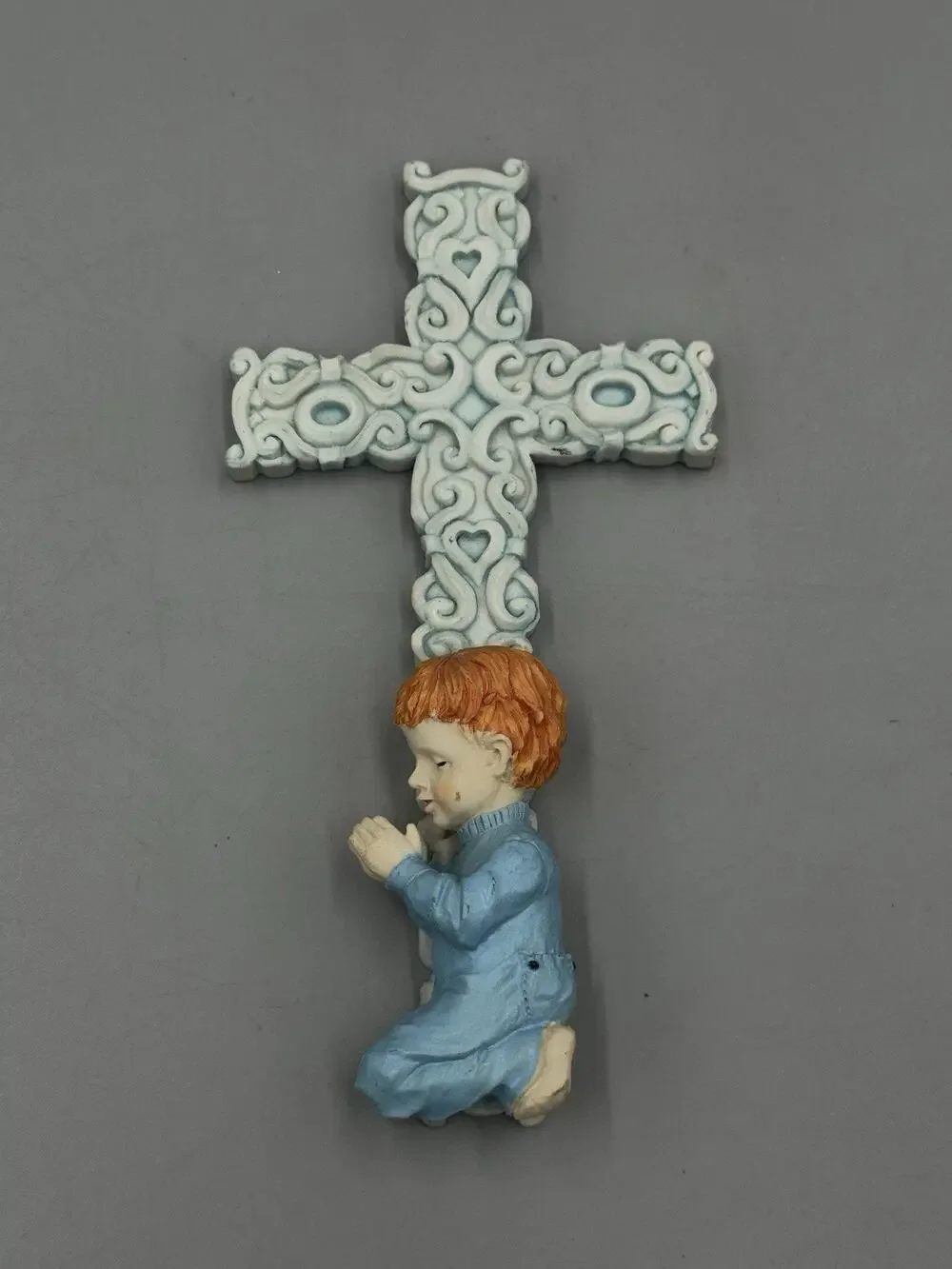 Cross With Boy Kneeling And Praying Figurine Statue Decor 6.25”